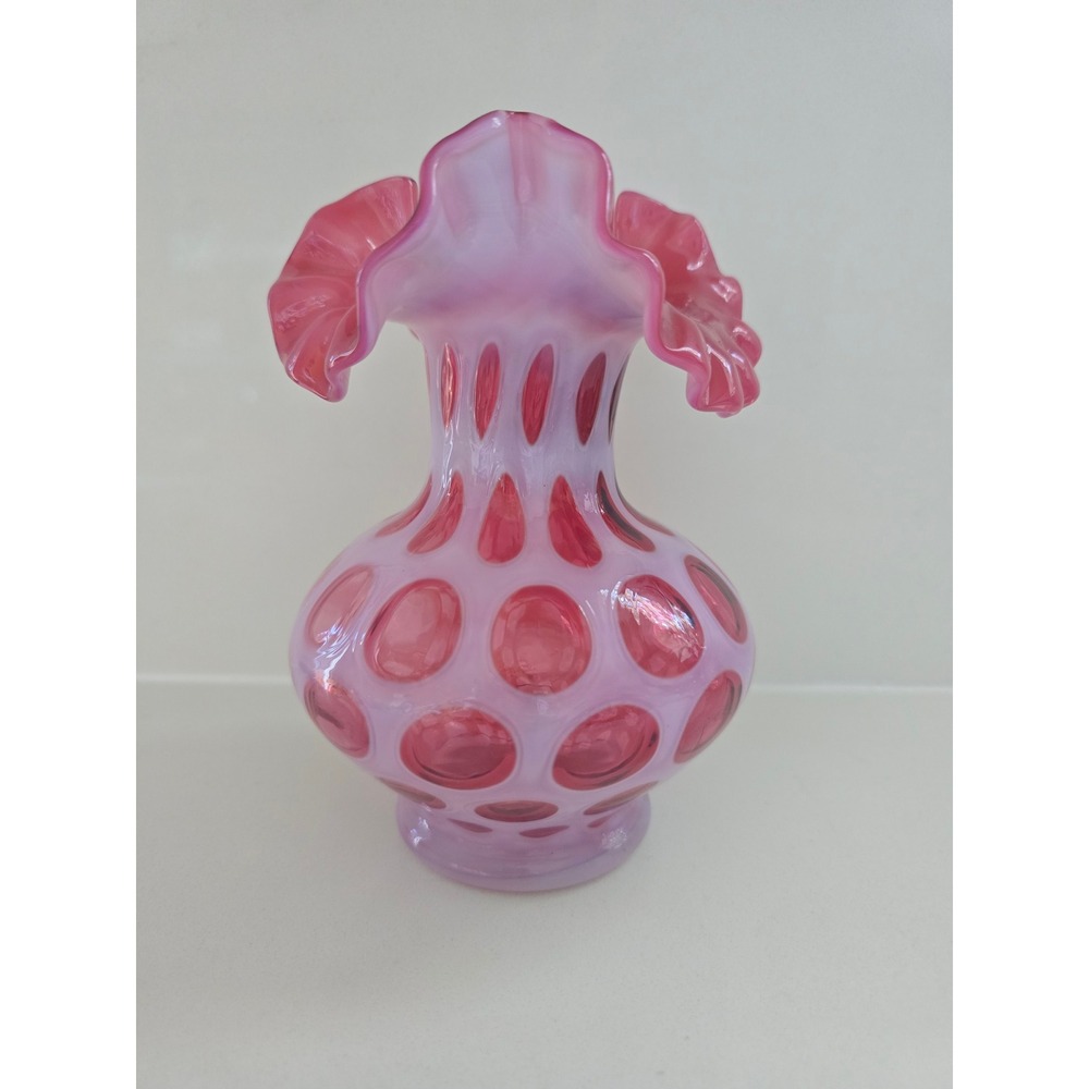 Fenton Pink Opalescent Coin Dot Ruffled Rim Art Glass Vase Vintage MCM 7 inch